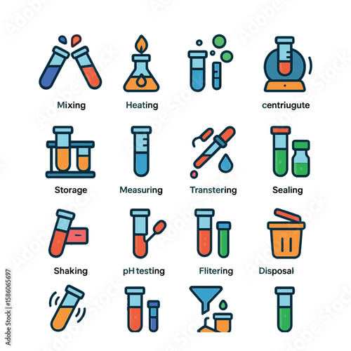 test tube usage in lab modern flat style. mixing chemicals, heating solutions, cooling contents, centrifuging samples, storing reagents, culturing bacteria, measuring