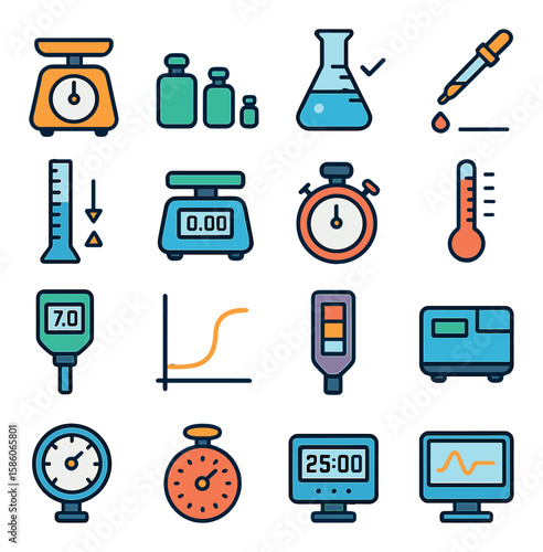 Pharmacy lab measurement and calibration modern flat style. measuring scale, calibration weights, volumetric flask calibration, pipette calibration, burette reading