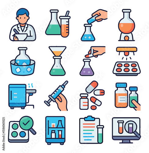 Pharmacy lab processes modern flat style. compounding medicine, mixing compounds, diluting solutions, heating samples, cooling reactions, filtering mixtures, titrating