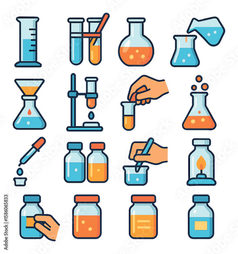 Pharmacy lab glassware in use modern flat style. measuring liquid, mixing solution, heating flask, pouring liquid, filtering through funnel, titration setup, collecting