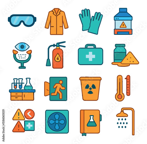 Pharmacy lab safety and equipment modern flat style. safety goggles, lab coat, gloves, fume hood, eye wash station, fire extinguisher, first aid kit, chemical spill kit