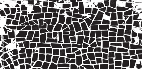 Monochrome texture composed of irregular graphic elements. Distressed uneven grunge background. Abstract vector illustration. Overlay for interesting effect and depth. Isolated on white background.