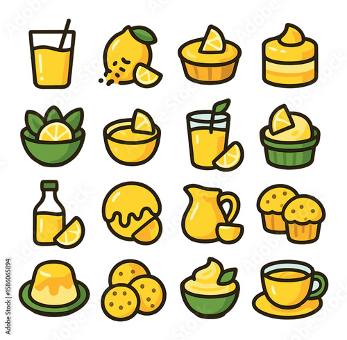 lemon cooking and recipes modern flat style. lemon juice, lemon zest, lemon tart, lemon cake, lemon salad, lemon sauce, lemon smoothie, lemon sorbet, lemon vinaigrette