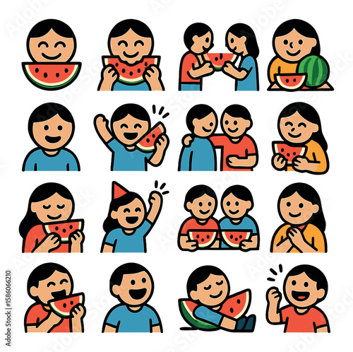 watermelon emotions and social moments modern flat style. happy face with watermelon, eating watermelon, sharing fruit, picnic with watermelon, smiling person, summer fun