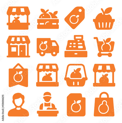 orange market and commerce modern flat style. fruit stall, orange crate, price tag, shopping basket, grocery store, delivery truck, cash register, shopping cart, orange