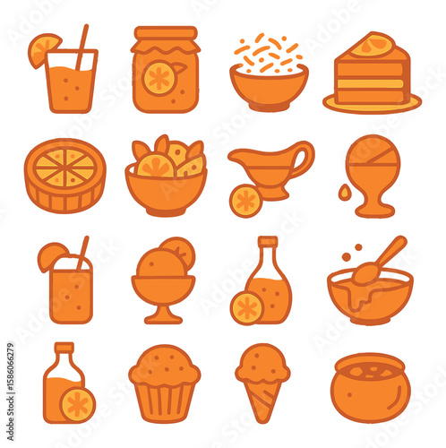 orange cooking and recipes modern flat style. orange juice, orange marmalade, orange zest, orange cake, orange tart, orange salad, orange sauce, candied orange, orange
