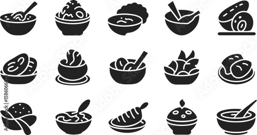Various food bowls with spoons and ingredients dishes