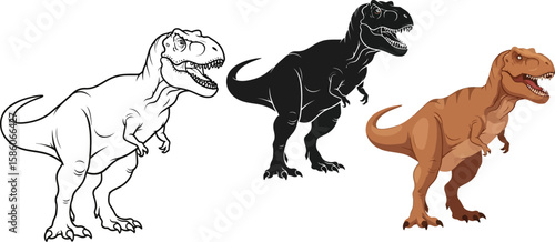 Three Tyrannosaurus Rex illustrations showcase the dinosaur in different styles, including a line drawing, a solid black silhouette, and a fully colored version, perfect for educational or creative pr