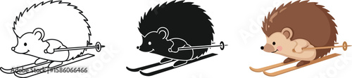 A charming hedgehog illustration showcases the adorable animal skiing with poles, presented in three styles including line art, silhouette, and a colorful cartoon version.