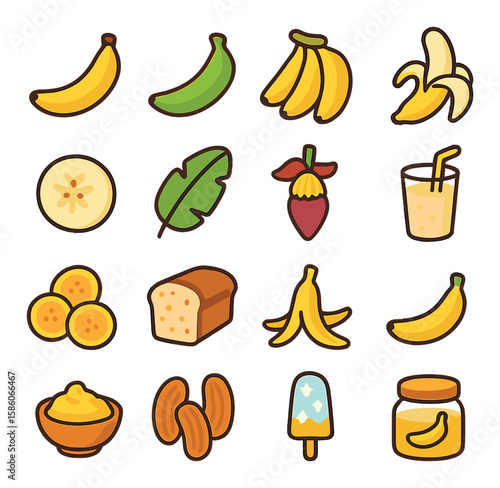 banana varieties and forms modern flat style. ripe banana, green banana, banana bunch, peeled banana, banana slice, banana leaf, banana flower, banana smoothie, banana