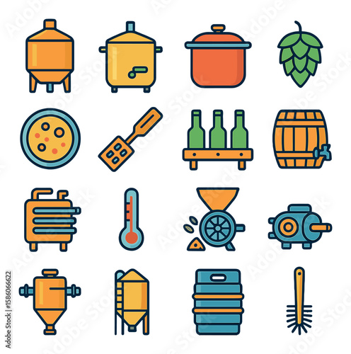craft beer brewing equipment modern flat style. fermentation tank, mash tun, kettle, hop basket, yeast culture, brewing paddle, bottling line, barrel, cooling system