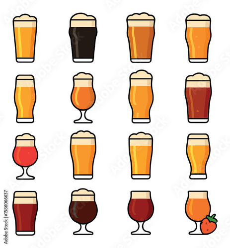 craft beer types and styles modern flat style. IPA, stout, porter, pale ale, lager, saison, wheat beer, amber ale, sour ale, double IPA, cream ale, pilsner, red ale