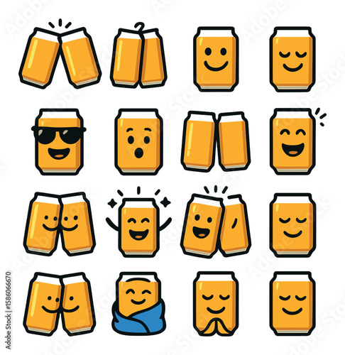 beer can emotions and social moments modern flat style. cheers toast, clinking cans, happy face, relaxed smile, party smile, surprised expression, casual hangout