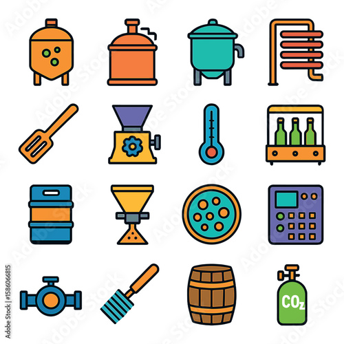 brewery equipment and tools modern flat style. fermentation tank, brewing kettle, mash tun, cooling system, brewing paddle, grain mill, thermometer, bottling line, keg