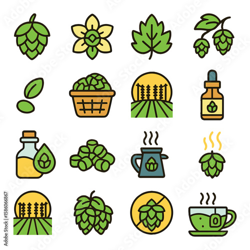 hop plant and brewing ingredients modern flat style. hop cone, hop flower, hop leaf, hop vine, hop seed, hop basket, hop farm, hop extract, hop oil, hop pellet, hop