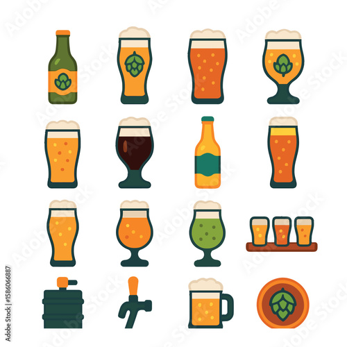 hop beer styles and drinks modern flat style. IPA bottle, pale ale, craft beer glass, hoppy beer, lager pint, stout glass, pilsner bottle, amber ale, wheat beer, seasonal