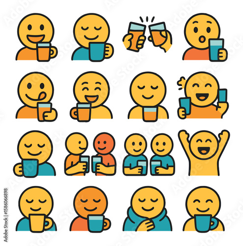 drinking emotions and social moments modern flat style. happy face, relaxed smile, cheers toast, surprised expression, thirsty face, laughing, calm contentment, excited