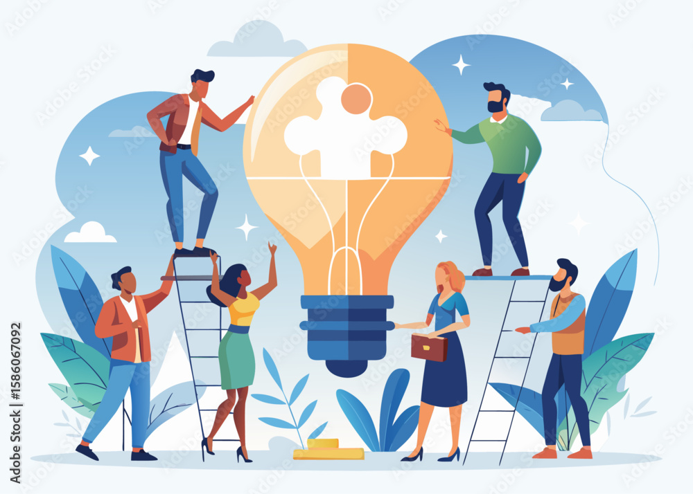 Obraz premium Business Brainstorming Concept, Flat Vector of Diverse Team Assembling Light Bulb Puzzle