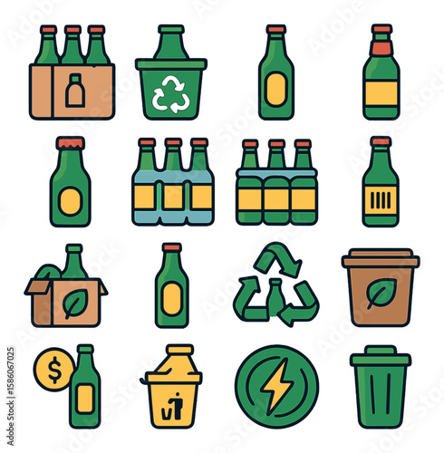 beer bottle packaging and recycling modern flat style. cardboard box, recycling bin, bottle label, safety seal, tamper proof cap, shrink wrap, plastic six-pack ring