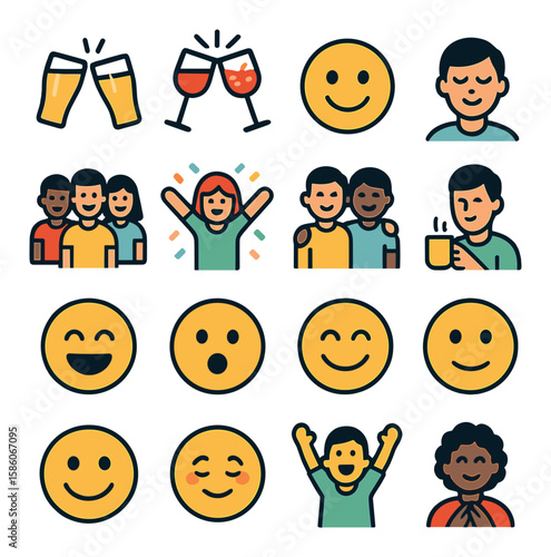 pint emotions and social moments modern flat style. cheers toast, clinking glasses, smiling face, relaxed mood, friends gathering, celebration, casual hangout, quiet