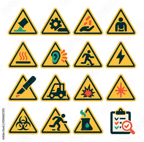 caution workplace hazards modern flat style. chemical spill, machinery hazard, falling objects, confined space, hot surface, loud noise, trip hazard, electrical shock