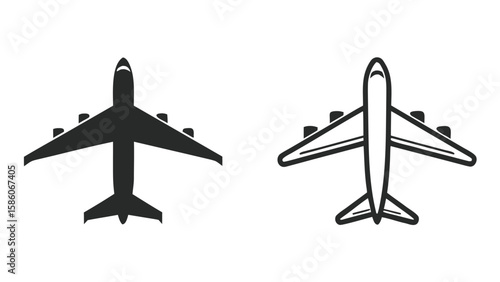 Two airplane icons one solid black one outline drawing
