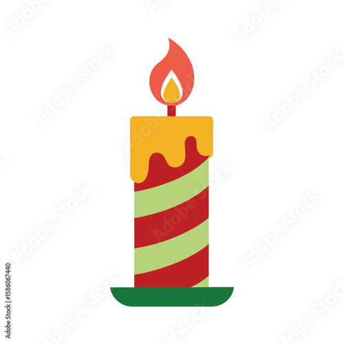 Vector illustration of a Christmas candle with red, green stripes yellow wax and a flame on white