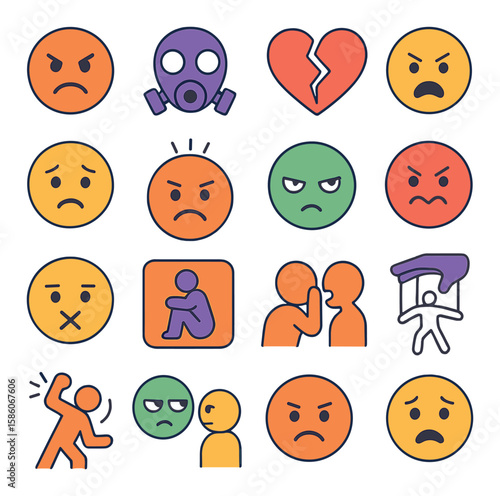 toxic emotions and relationships modern flat style. angry face, toxic mask, broken heart, screaming face, sad face, stressed face, jealous eyes, frustrated face, silent