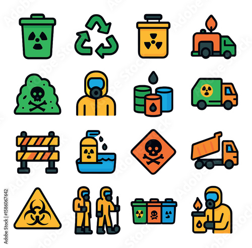 toxic waste management and disposal modern flat style. waste bin, recycling symbol, hazardous waste container, incinerator, landfill site, protective suit, chemical