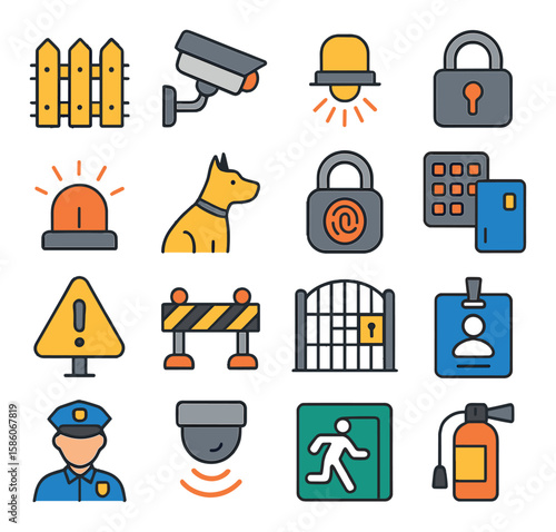 intrusion detection prevention and measures modern flat style. security fence, CCTV camera, security light, lock, alarm system, guard dog, biometric lock, access control