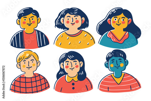 Set of Illustration style portraits: A collection of portraits, each radiating personality and individuality through a clean, flat illustration style. Featuring varied skin tones, haircuts.