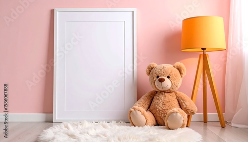 Blank frame, teddy bear, and lamp in a nursery