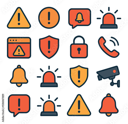 intrusion detection alerts and signals modern flat style. warning sign, exclamation mark, alarm notification, flashing light, siren sound waves, alert popup, security