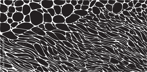 Monochrome texture composed of irregular graphic elements. Distressed uneven grunge background. Abstract vector illustration. Overlay for interesting effect and depth. Isolated on white background.
