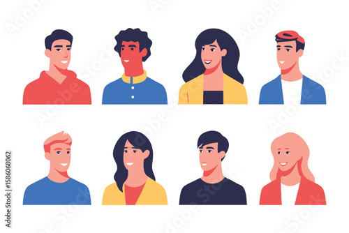 Diverse Portrait Collection: A vibrant collection of diverse portraits showcases individuals from various backgrounds, each radiating unique expressions and characteristics, designed in a clean.