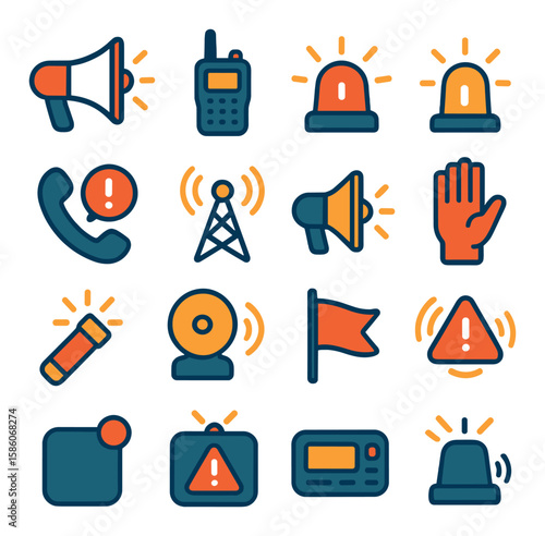 alarm communication and signals modern flat style. megaphone, walkie-talkie, siren, flashing light, emergency call, radio tower, loudspeaker, hand signal, signal flare