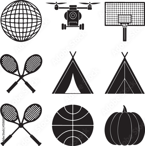 Black silhouette icons globe drone basketball hoop tennis rackets tent pumpkin