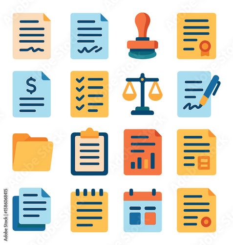 business documents and contracts modern flat style. contract, signed document, approval stamp, certificate, invoice, checklist, legal scales, pen signing, file folder