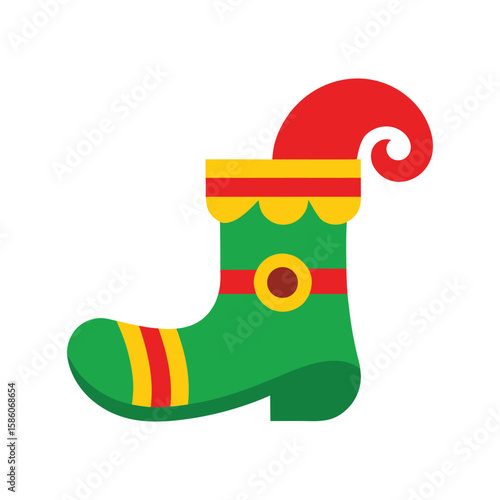 Green Christmas Elf Boot with Red Hat and Yellow Accents on White Background Vector