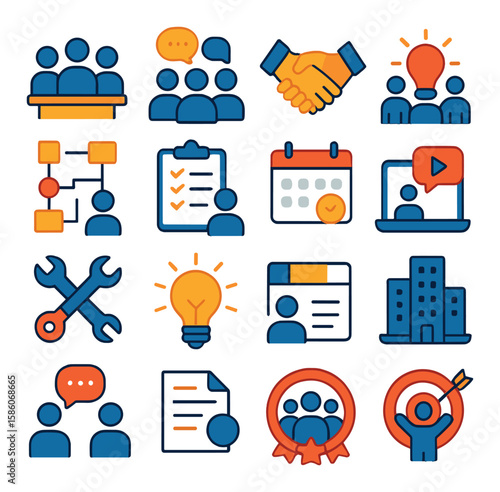 purchasing team and collaboration modern flat style. team meeting, group chat, handshake, brainstorming, project planning, task list, calendar, video conference