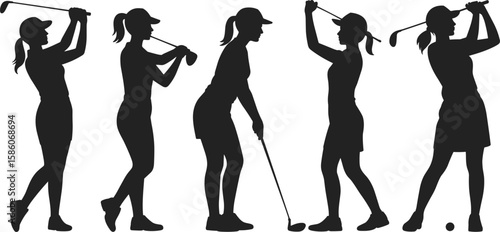Female golfers in various poses with clubs woman sport