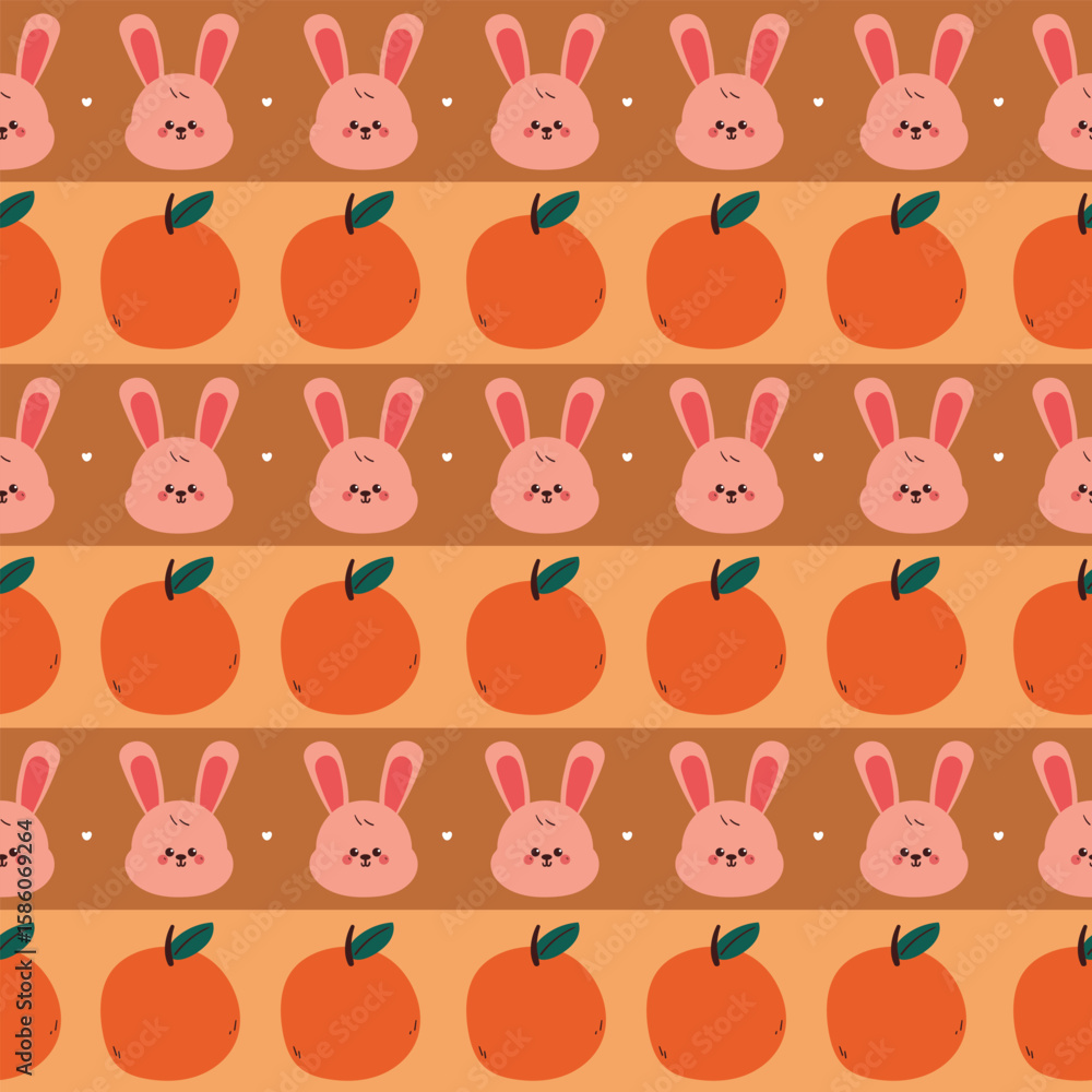 Obraz premium seamless pattern cute cartoon bunny with orange fruit. cute animal pattern with stripe background and wallpaper