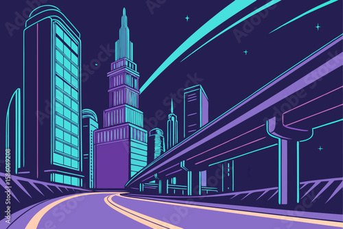 Neon city skyline with elevated highway at night urban