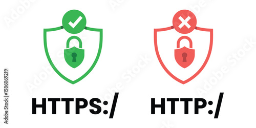Http and https on shields linear vector illustration on white background. Web browser protocols isolated logos.  Https and http security certificates on white background