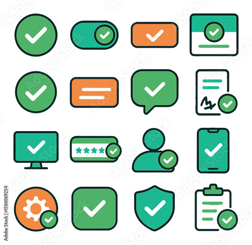 approval in technology and interfaces modern flat style. checkmark button, toggle switch, submit button, confirmation popup, green tick, approval notification, success