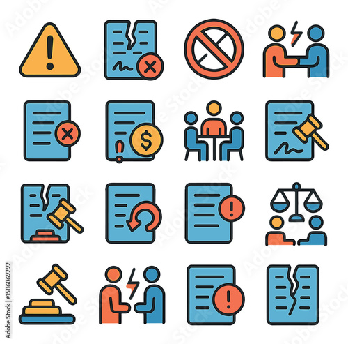 agreement breach and termination modern flat style. warning sign, broken contract, crossed out signature, dispute icon, cancellation notice, penalty fee, mediation, legal