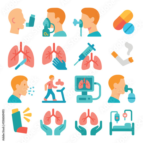 lung treatment and therapies modern flat style. inhaler use, oxygen therapy, nebulizer treatment, medication pills, lung surgery, chest physiotherapy, vaccination