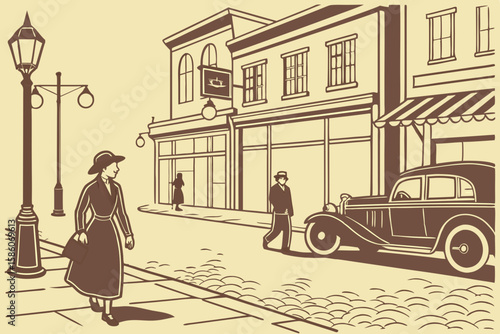 Vintage street scene with people and car retro city