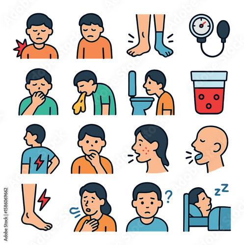 kidney symptoms and warning signs modern flat style. pain icon, fatigue, swelling legs, high blood pressure, nausea, vomiting, frequent urination, blood in urine, back