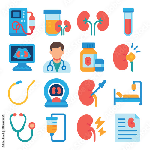 kidney health and medical care modern flat style. dialysis machine, urine test, kidney transplant, blood test, ultrasound, nephrologist, medication bottle, kidney stone
